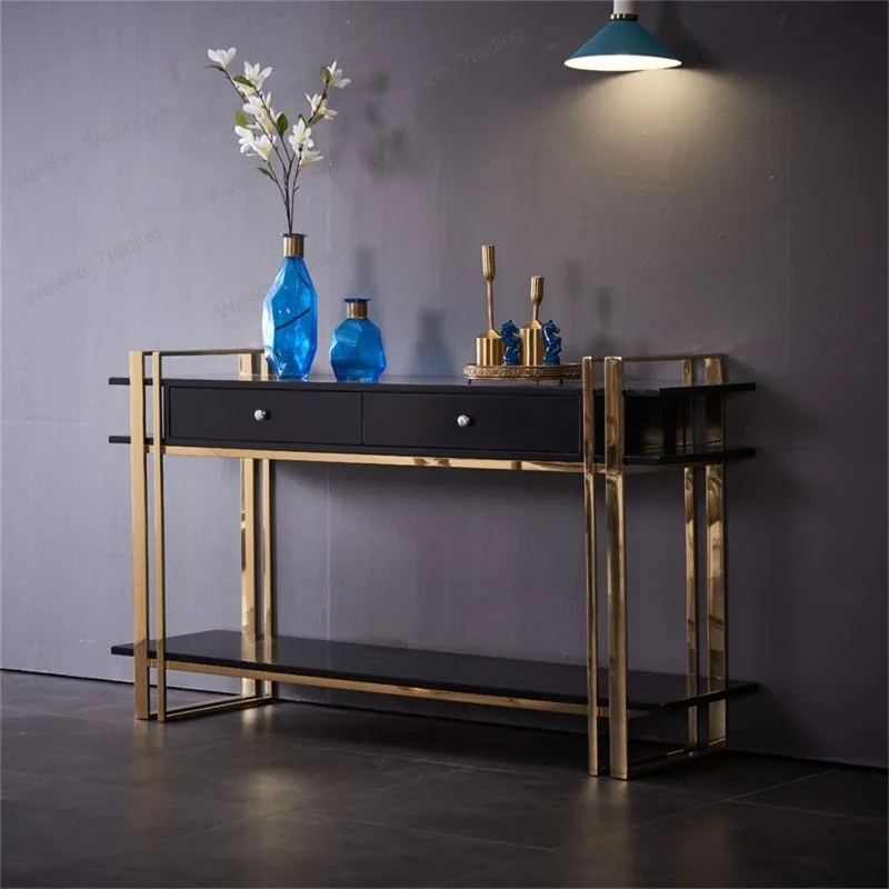 Simple modern stainless steel entryway cabinet living room light luxury double-layer foyer cabinet entrance door table