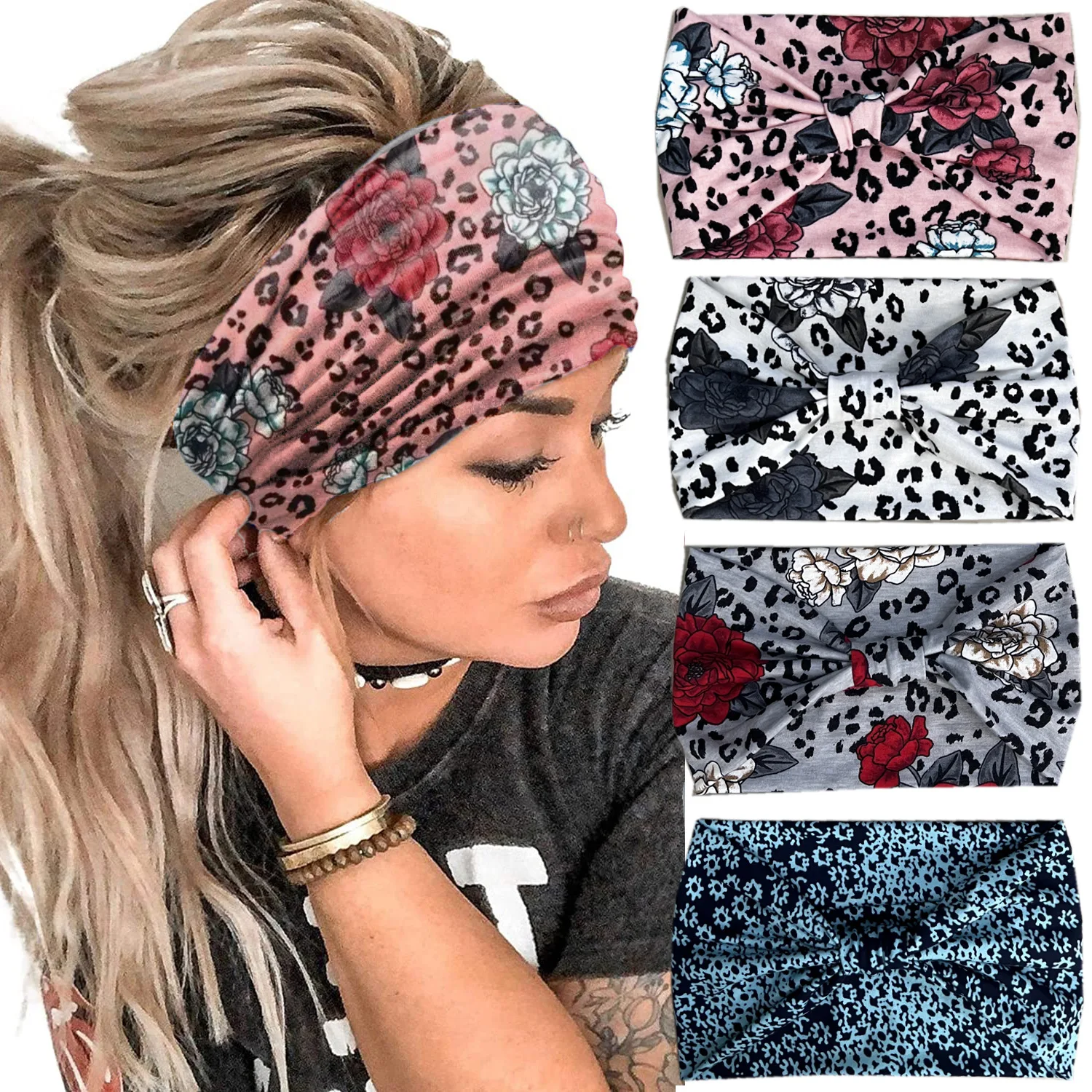 

Boho Cotton Headband Women Leopard Rose Flower Turban Headwrap Knot Hairband Bandana Girls Sport Cycling Hair Accessories