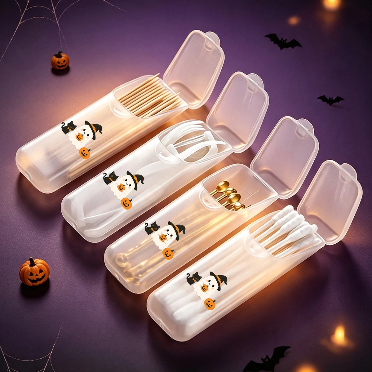 4/2/1 Piece Halloween-Themed Portable Toothpick and Floss Storage Box - Leak-Proof Sealed Travel Medicine Box with Transparent Lid, Halloween Main Design - Suitable for Storing Compact Medical Care Supplies, Suitable for Toothpicks and Dental Floss, Made of Durable Plastic Material, Suitable for Travel, Outdoor, Home, and Office Environments - Space-Saving Design, Halloween Small Gift view 4