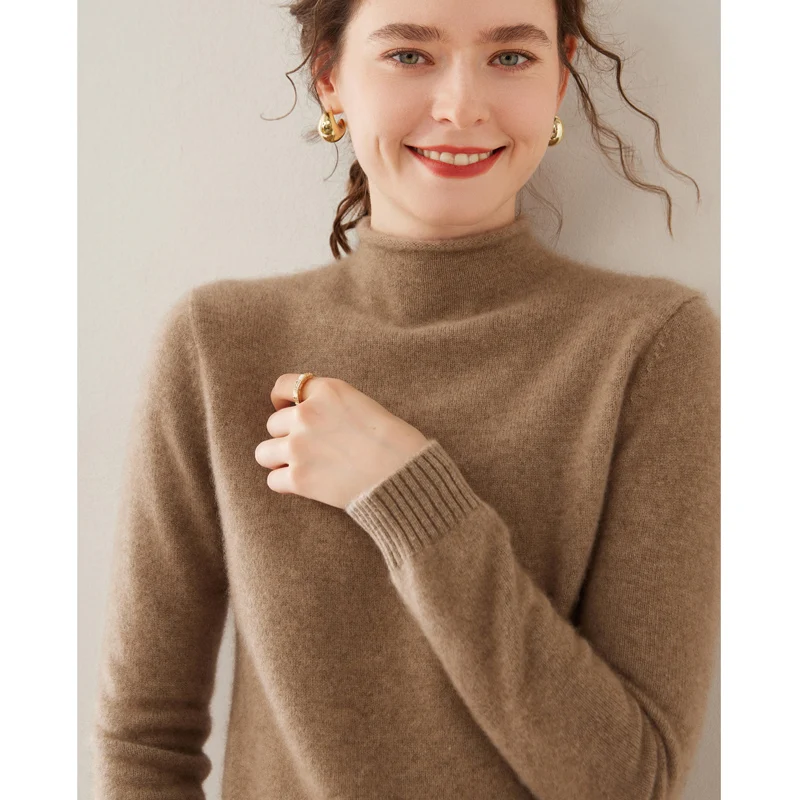 

Classic first-line ready to wear women's wool pullover sweater with half high collar and long sleeves, high-quality sweater