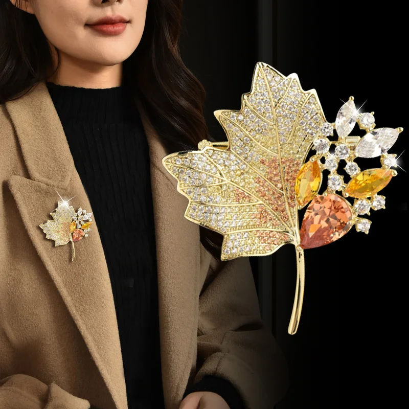 

Golden Maple Leaf Brooch Colorful Crystal Accents Autumn-Inspired Pin Elegant Fashion Jewelry for Women Perfect for Coats