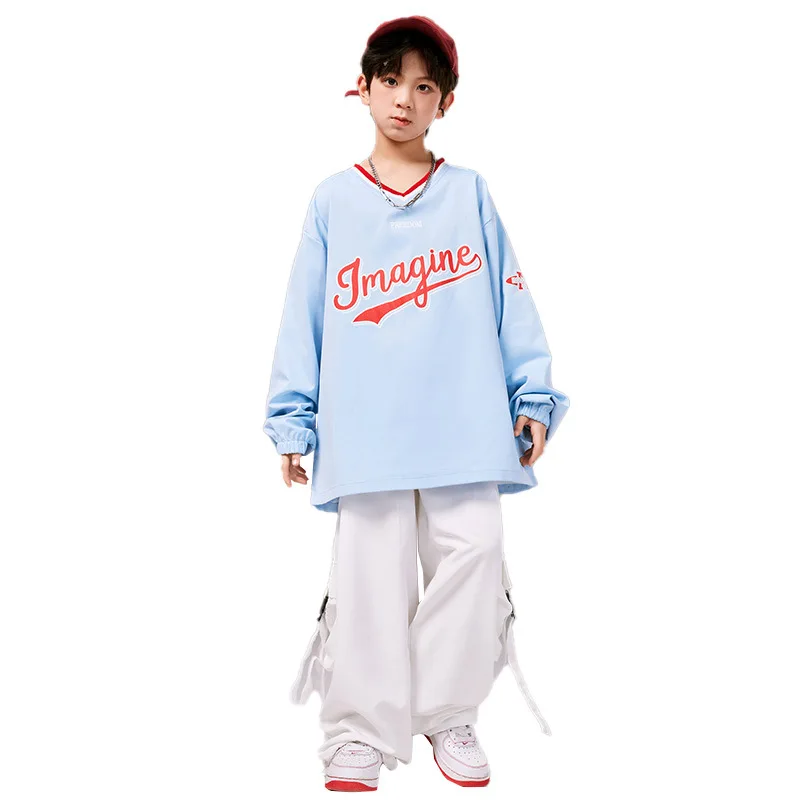 Children Hip Hop Dance Costumes For Kids Blue Shirts Loose Pants Suit Girls Jazz Modern Dance Clothes Boys Streetwear