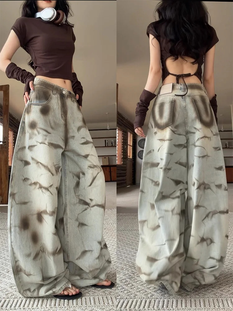 

Retro American Dyed Wide Leg Denim Jeans High Waist Cotton Straight Tube Pants Women's Spring Summer New Style Worn out Style