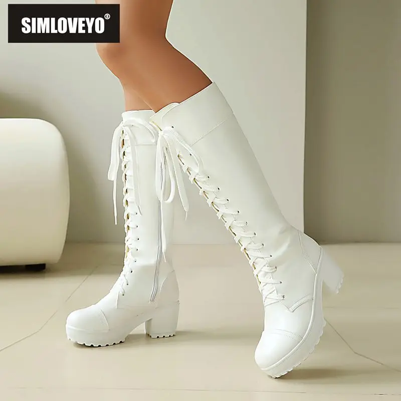 

SIMLOVEYO 2025: женские сапоги до колена — с круглым носком, на блочном каблуке 5,5 см, на платформе, на молнии и шнуровке, расширенные размеры 46–48 для отдыха