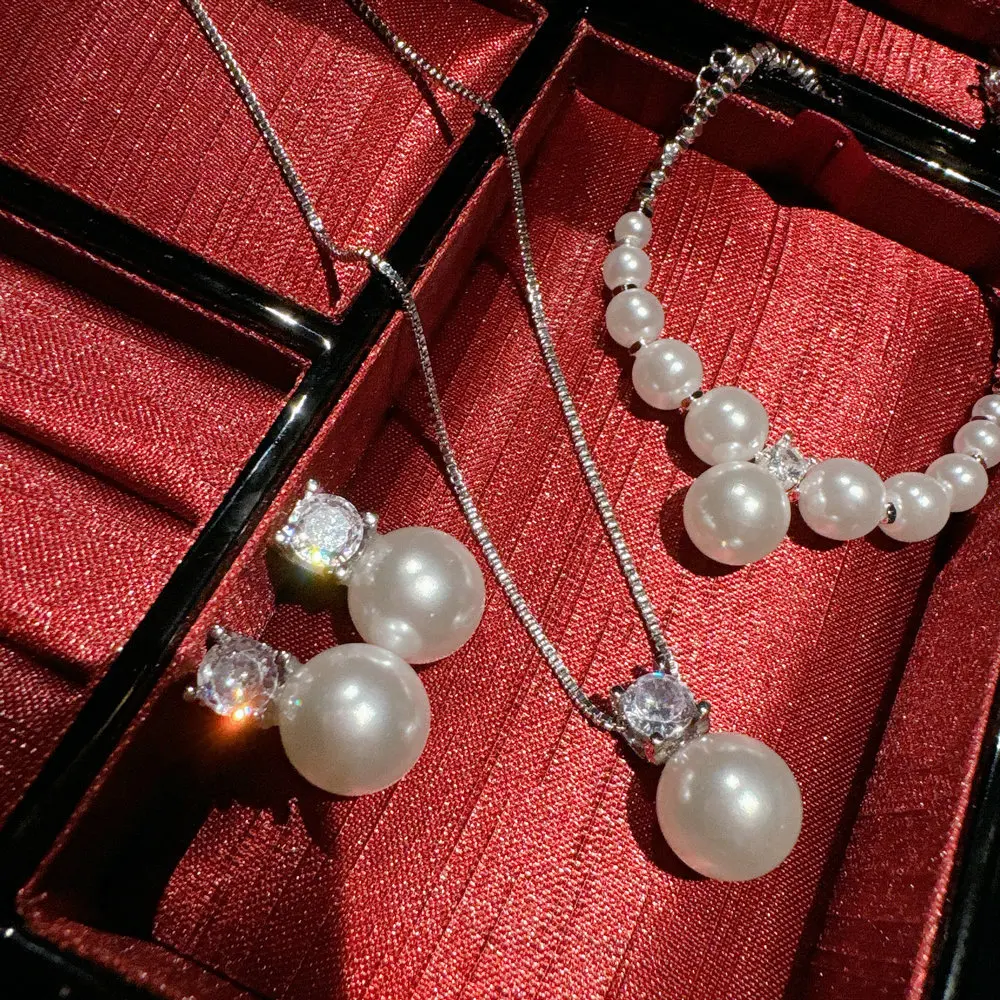 Women Vintage Australian White Pearl Gemstone Necklace Crown Zircon Earrings 2024