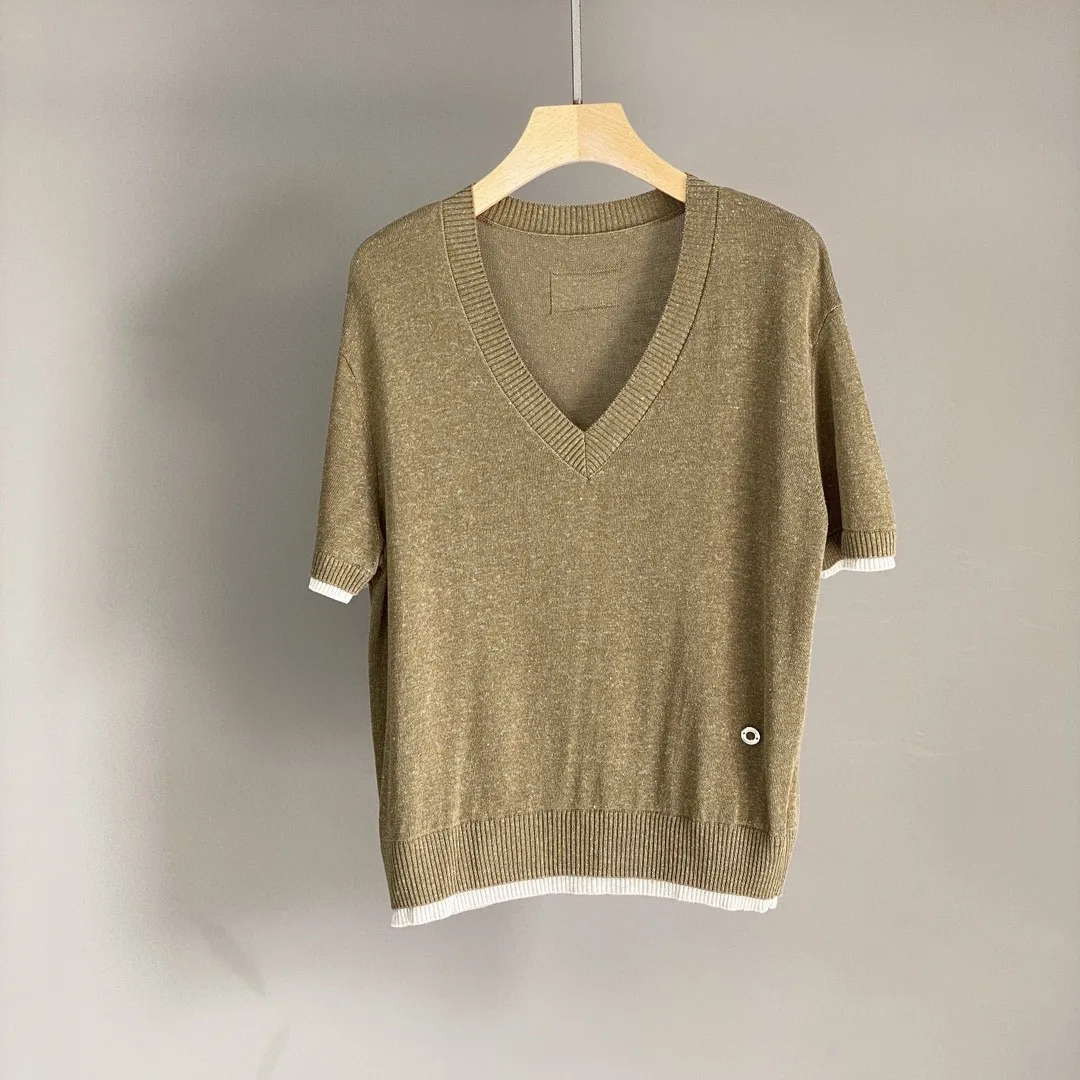 

Весенне-летний новый льняной вязаный топ с v-образным вырезом и короткими рукавами, повседневный универсальный прямой брючный костюм