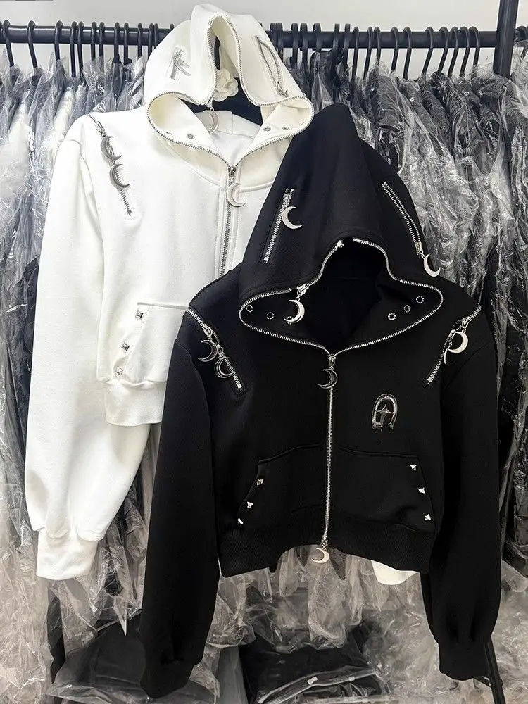 الأمريكية الرجعية هوديس المرأة القمر برشام القوطية الجرونج فضفاض الخريف Y2k 2000s الجمالية Harajuku الستر سستة الإناث البلوز #1