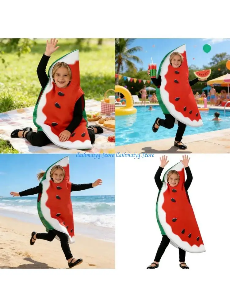 

573B Kids Watermelon Slices Costume For Halloween Cosplay And Themed Parties Soft Polyester Outfit With Head Cutout