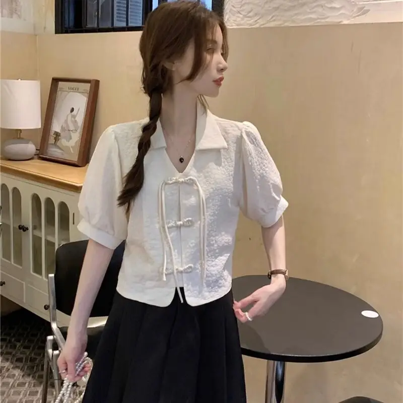 Women Summer Vintage Frog Temperament Polo-Neck Solid Color Short Sleeve Shirts Women Clothes Fashion All-match Appear Thin Tops