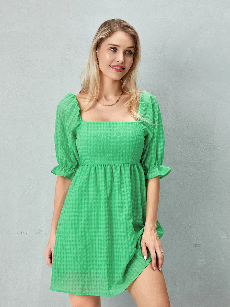 فستان قصير غير رسمي نسائي ، كم قصير منفوش ، رقبة مربعة ، ملابس حفلات ، صيف