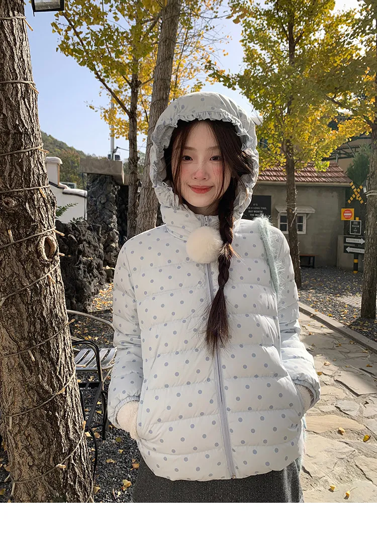 Korean Cropped Polka Dot Hooded Cotton-padded Jacket Women Zip Up Casual Winter Warm Outerwear Woman Sweet Cute Puffer Jackets