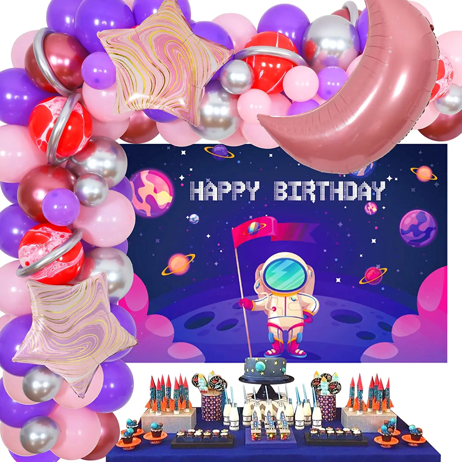 

Sursurprise-Outer Space Theme Balloon Garland Kit, Birthday Decorations for Girl, Pink and Purple, Happy Birthday Backdrop