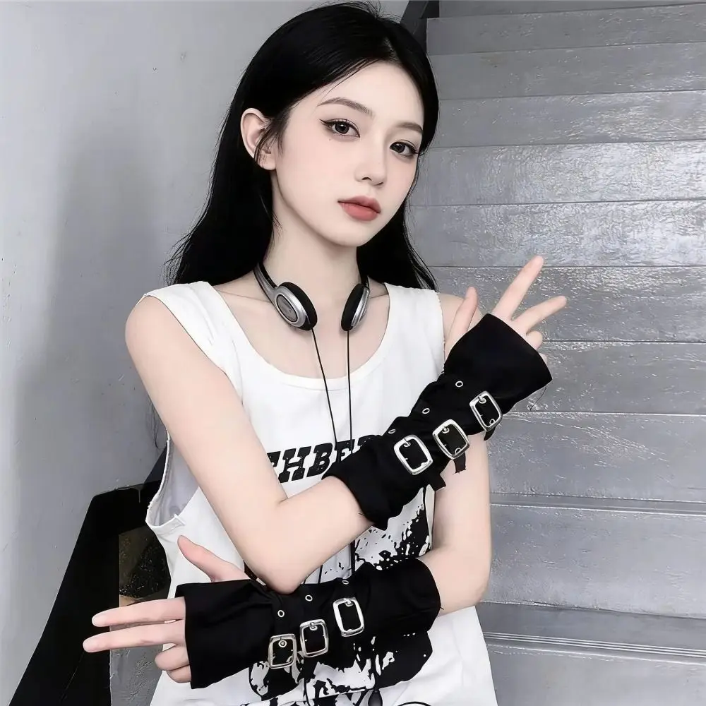 Black Fingerless Gloves Gothic Exaggerated Punk Style Elbow Gloves Hip Hop Party Buckle Design Street Dance Gloves For Women Men