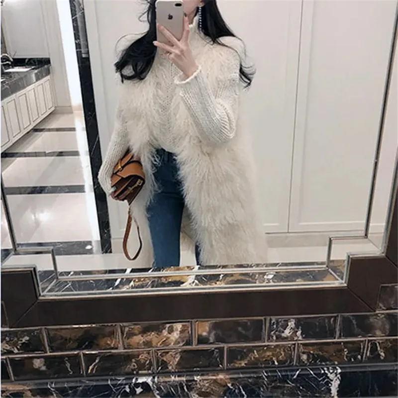 V-neck Long  Vest Jacket Women Korean Fashion Faux Fur Coat Autumn Winter Solid Color Sleeveless Gilet Cardigan  Waistcoat