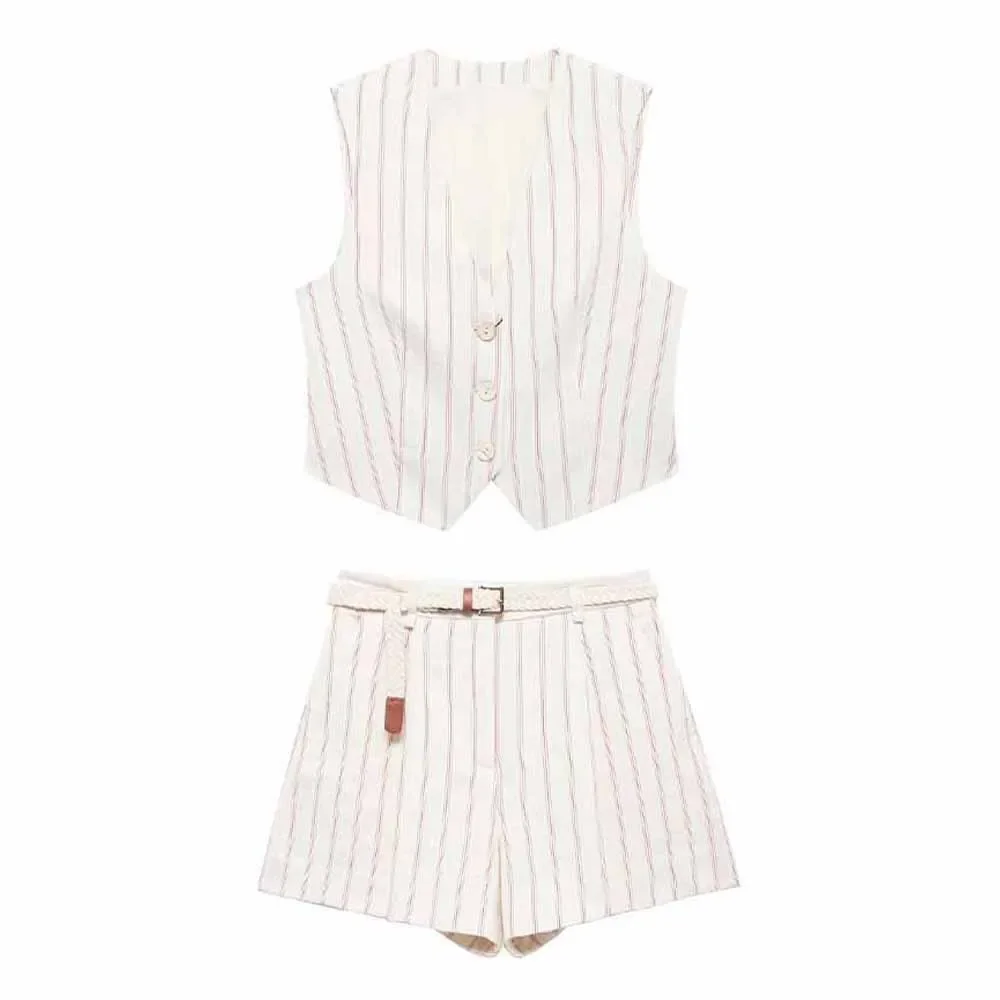 Women's new fashion casual slim short single breasted striped vest retro sleeveless women's vest chic top+shorts Women's suit