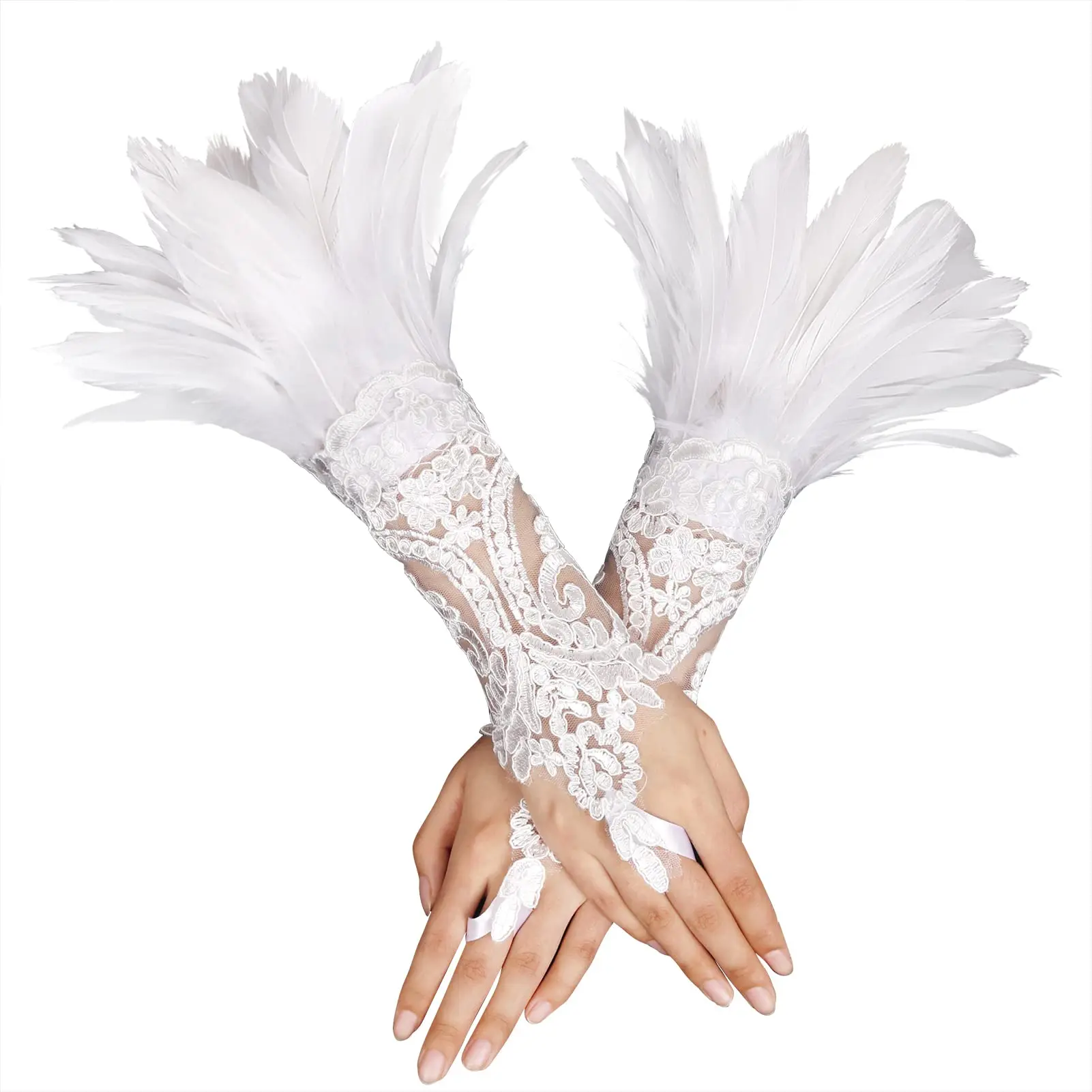 Punk Gothic Gloves Feather Wrist Cuff Carnival Stage Show Showgirl Natural Dyed Rooster Feather Arm Warmer Party Cosplay Costume