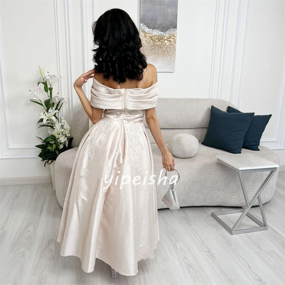 Intricate Satin Sequined Beading Ruched A-line Off-the-shoulder Midi Dresses Celebrity Dresses Matching Classic Exquisite Sexy