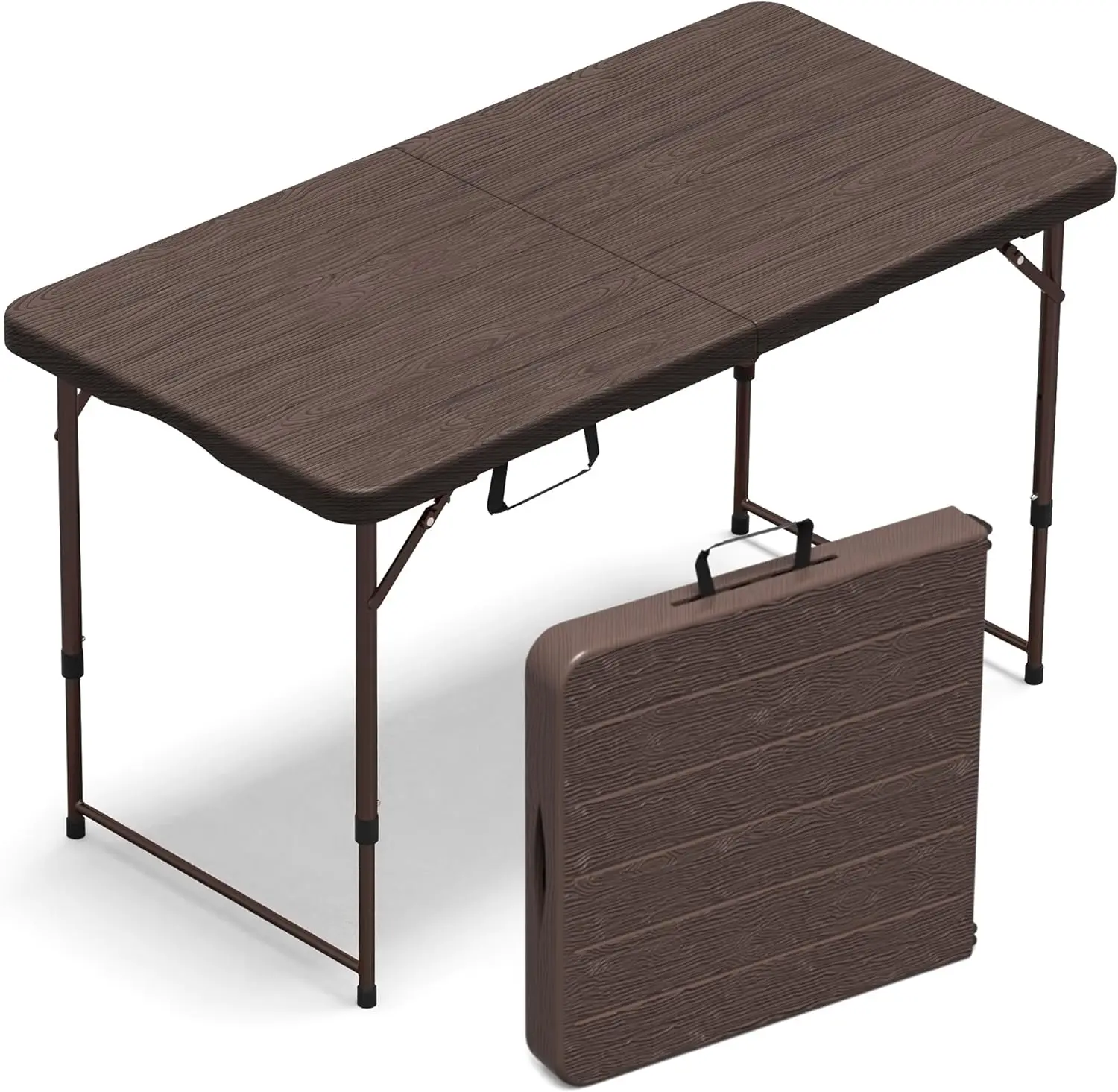 

Складной стол длиной 4 фута, портативный, сверхмощный, с регулируемой высотой и ручкой для переноски, коричневый, для использования в помещении и на открытом воздухе