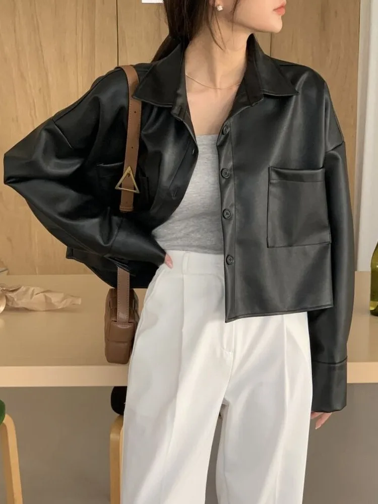 

Faionable Bla ort Women's Leather irt Versatile Casual Sle PU Leather Top Autumn Season Sli Trend for Young Women