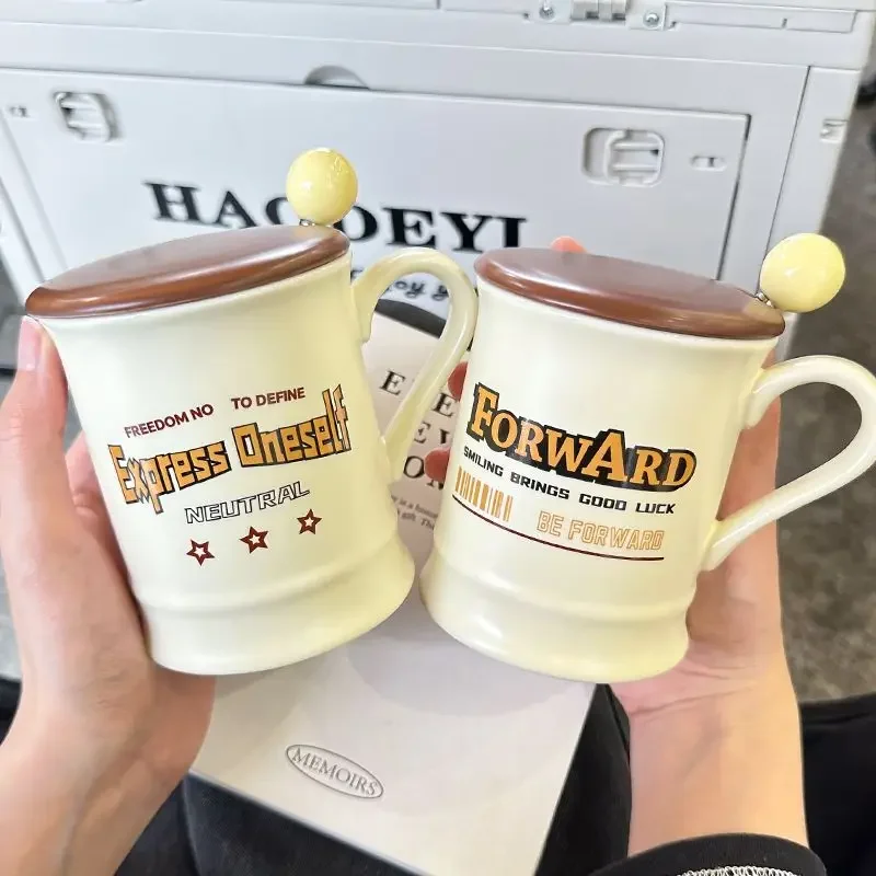 

Retro Letter Ceramic Mug with Lid Spoon Mug American Coffee Cup Office Male Female Couples Pair Practical Gift Drinkware