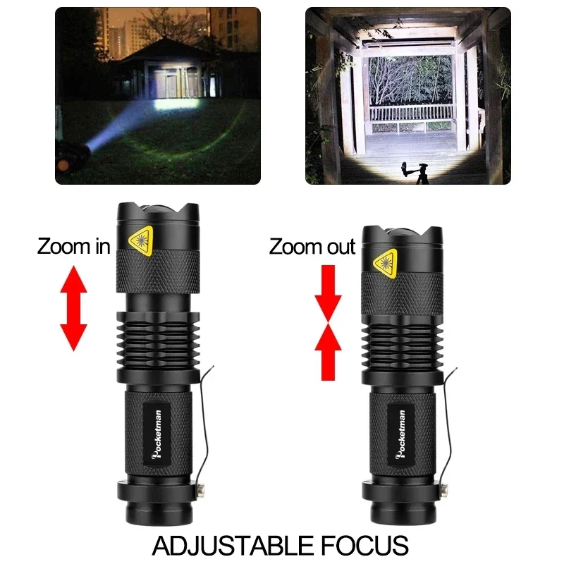 Minilinterna LED potente, linterna portátil superbrillante, 3 modos, con zoom, batería 14500/18650