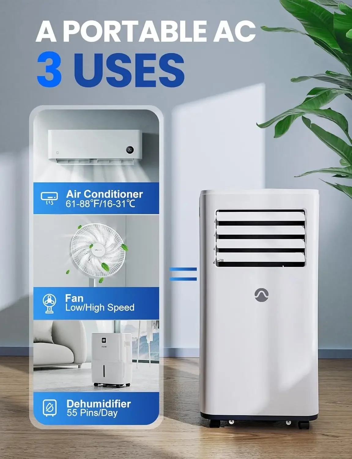 GINOST-Condicionador de Ar Portátil para Quarto, 10000 BTU, Até 450 Sq Ft. Unidade AC portátil, 3 em 1