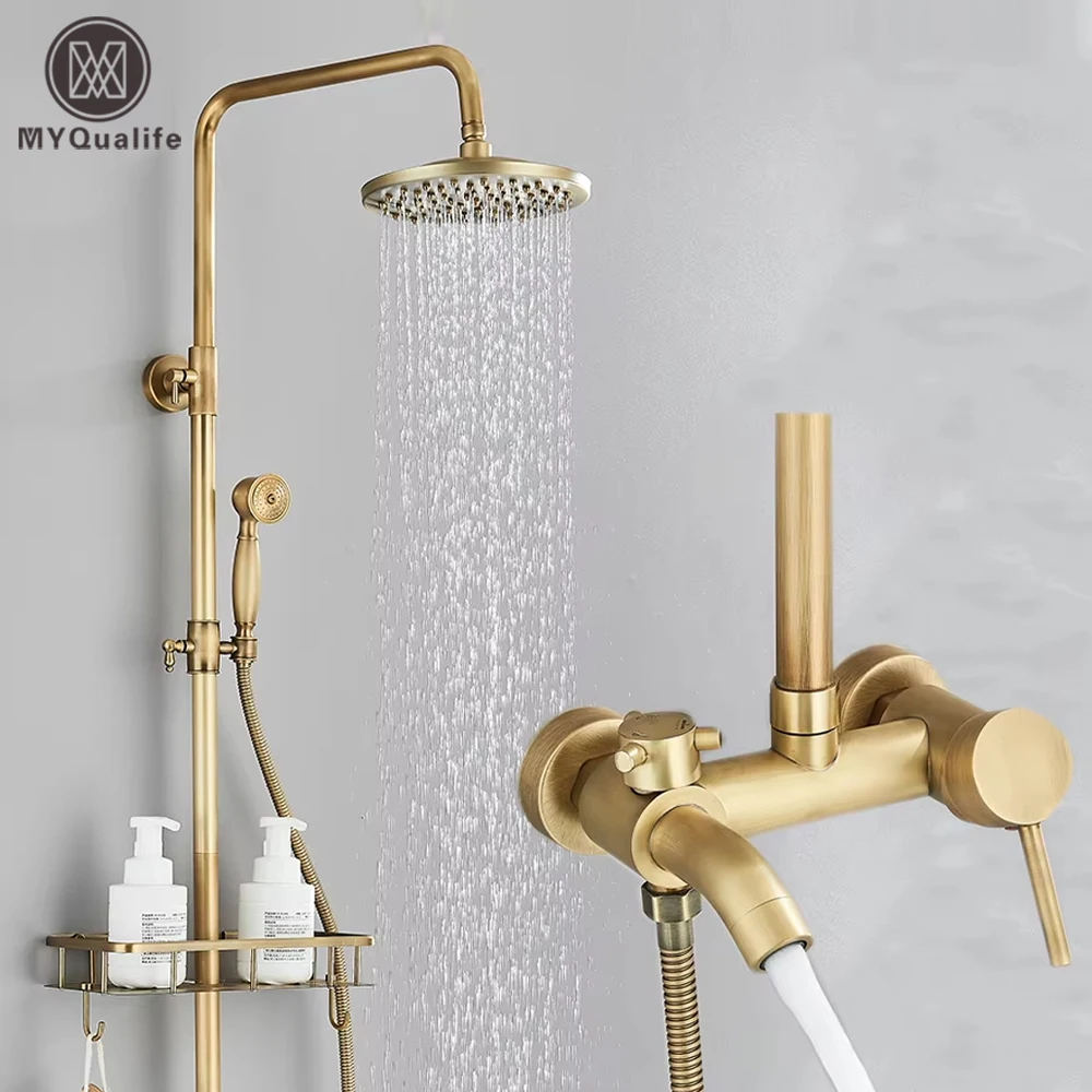 Antique Brass Bathroom Shower Faucet Sets Rainfall Head Wall Mounted Mixer Tap Hot and Cold Taps