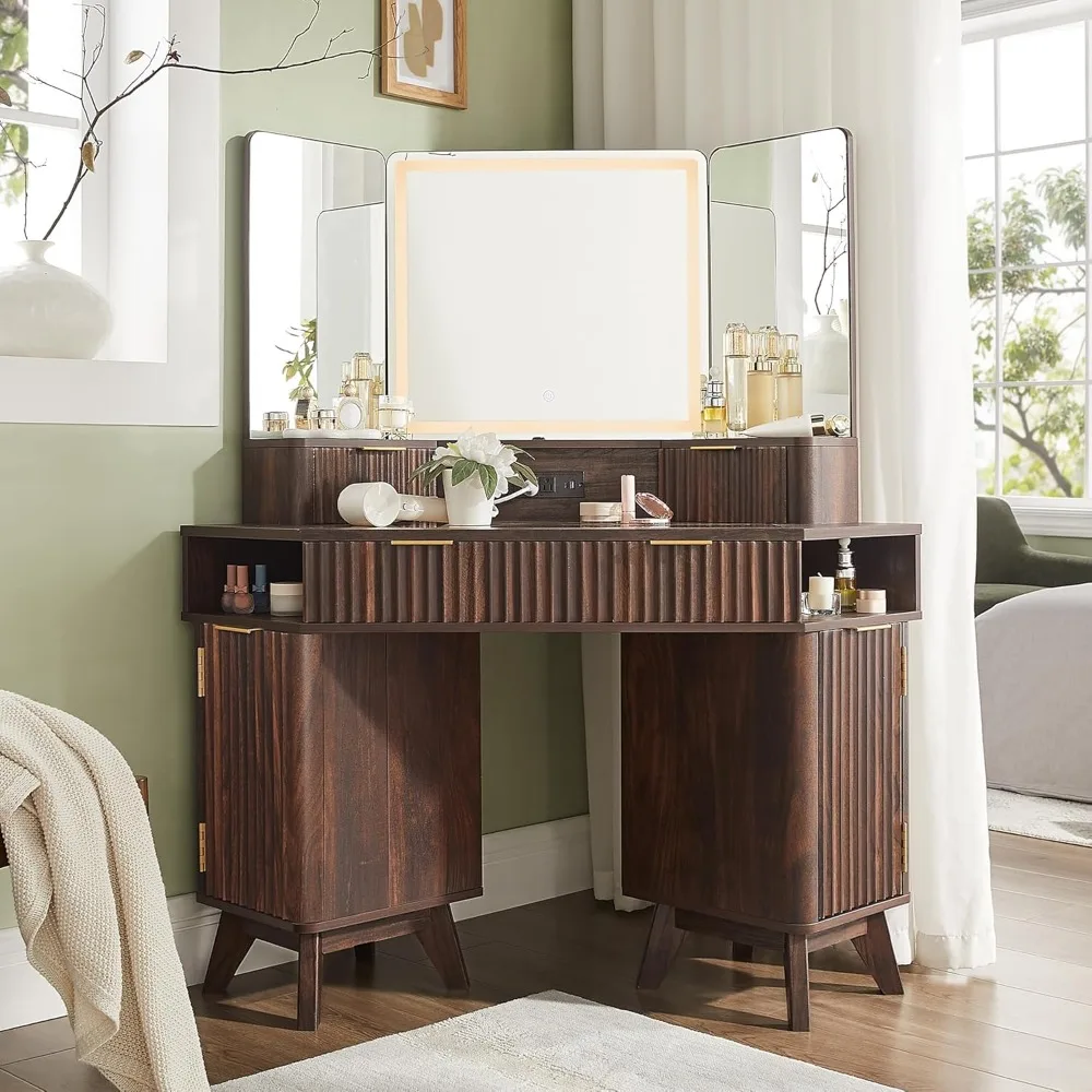 

Fluted Makeup Vanity Desk with 3 Way Mirror and Lights, 48" Large Corner Vanity Table with Glass Top, Charging Station,3 Drawers