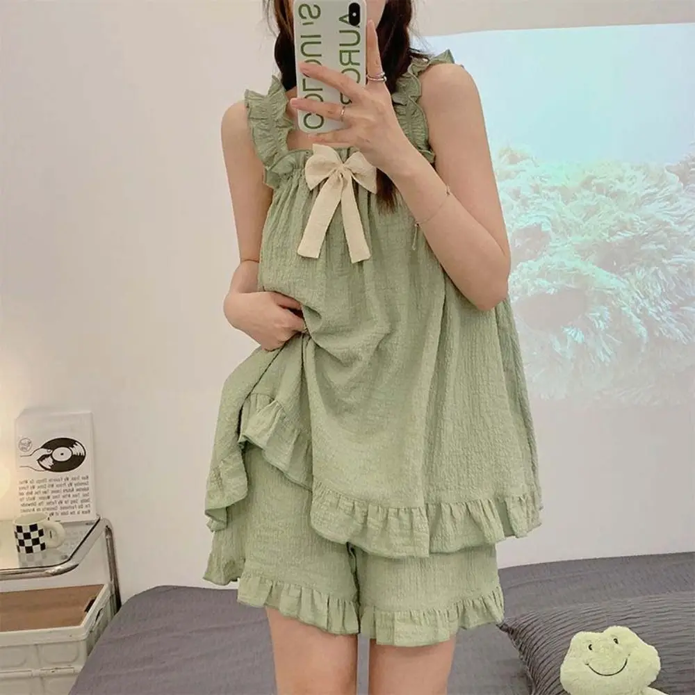 Sweet Square neck Women's Large Size Pajama Sleeveless Beauty Back Two Piece Sleepwear Homewear Thin Canisole Shorts Women