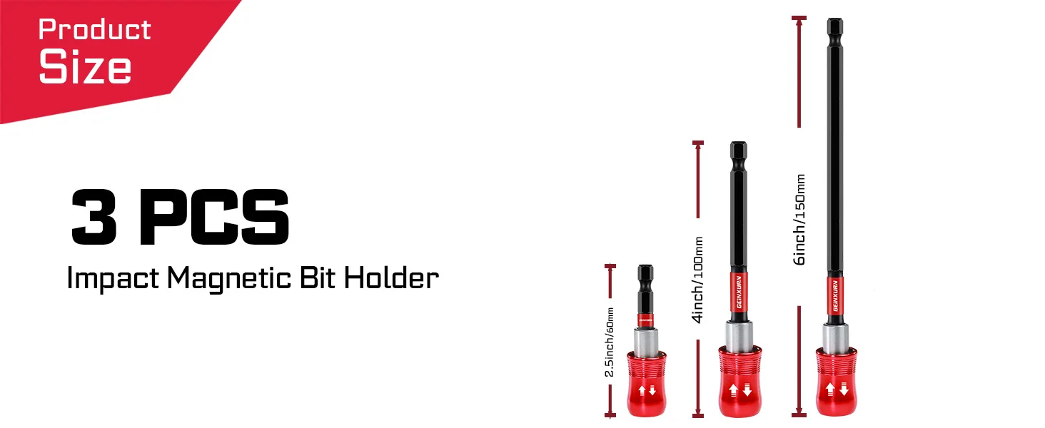 Geinxurn 3-teiliges magnetisches Schlagschraubendreher-Bit-Set (2,4"/4"/6"), 1/4-Sechskantschaft, CR-V-Stahl für Elektrobohrmaschine – Detail 2