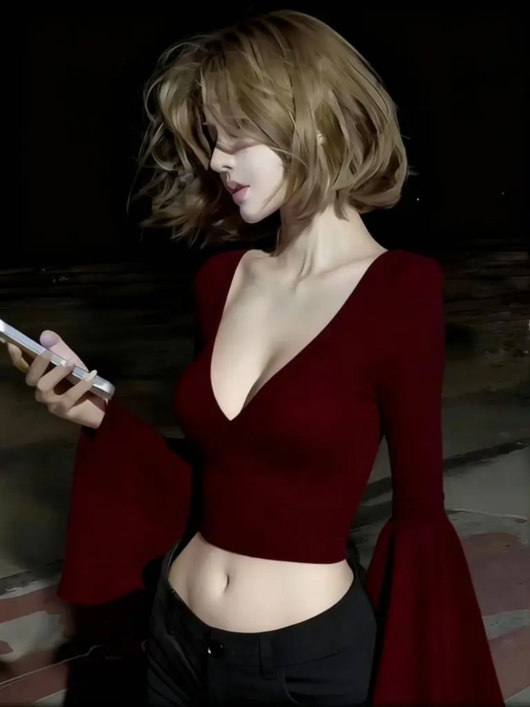 Sexy Deep V Neck Long Flared Sleeve T Shirt Women Luxury Designer Solid Color Party Crop Top Hot Sweet Basic Tees Skinny Slim