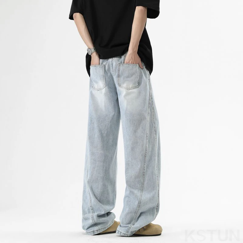 KSTUN جينز أزرق فاتح للرجال مستقيم فضفاض للرجال السراويل الفضفاضة مرونة واسط الساق جينز عتيق مغسول مقاس كبير ربيع 2026