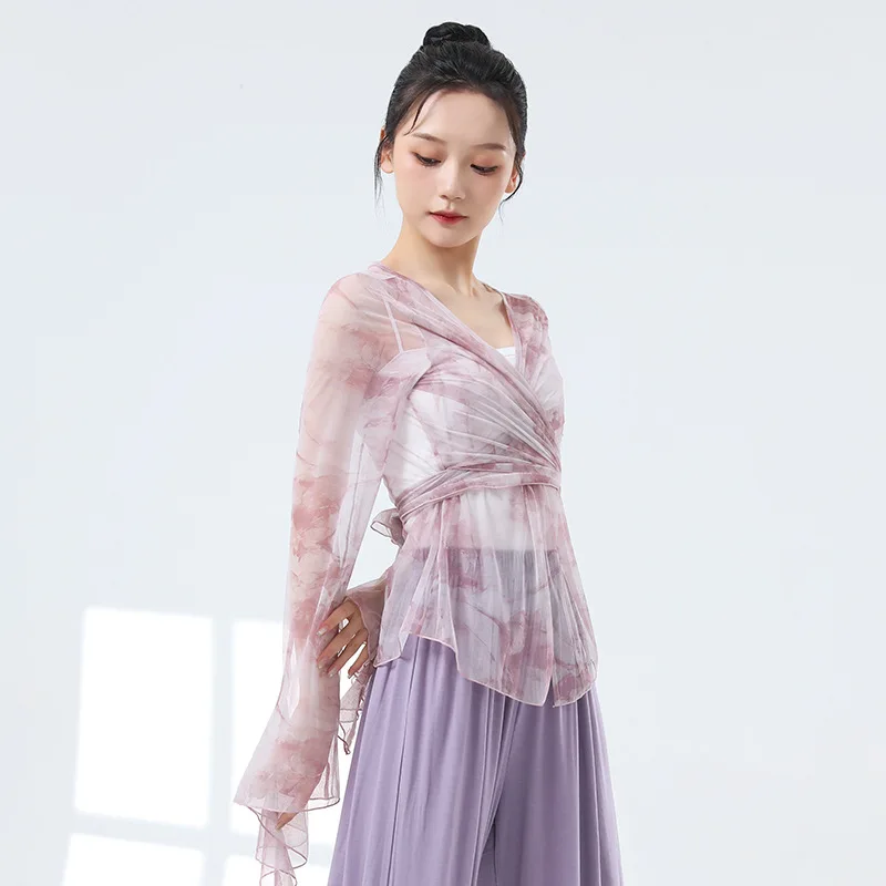 Abiti da ballo in rete per danza classica, protezione solare estiva da donna, abbigliamento da strada, nuovo top con maniche a foglia di loto in corno elegante stampato