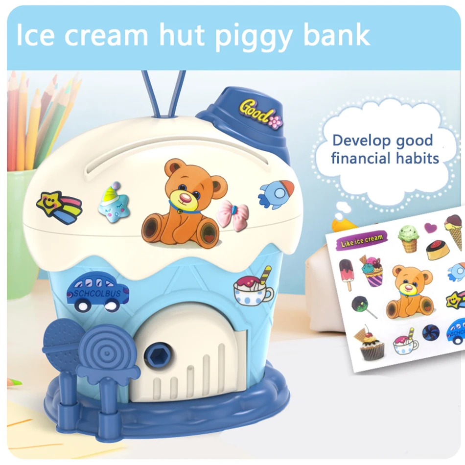Tirelire de dessin animé pour enfants, cabane de crème glacée, autocollants de bricolage, économie d'argent, boîte avec prédire Kawaii, jouet de grande capacité, cadeau pour enfants