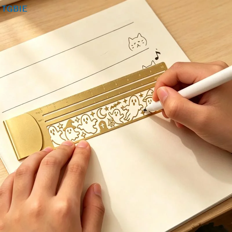 Brass Bookmark Ruler Cute Patterned Hollow Measuring Tool Creative Drawing Template for Office Worker Planner Scrapbooking Use