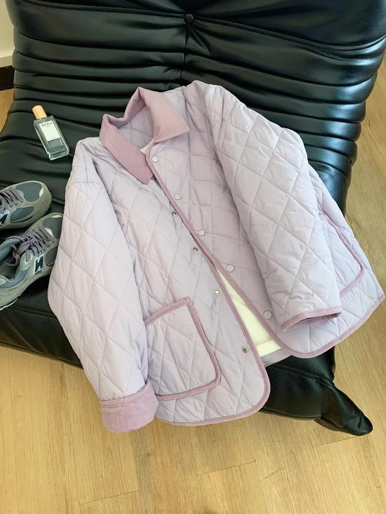 

Purple Round Ne Quilted Women's Autumn Winter Size Versatile Cotton Clothing