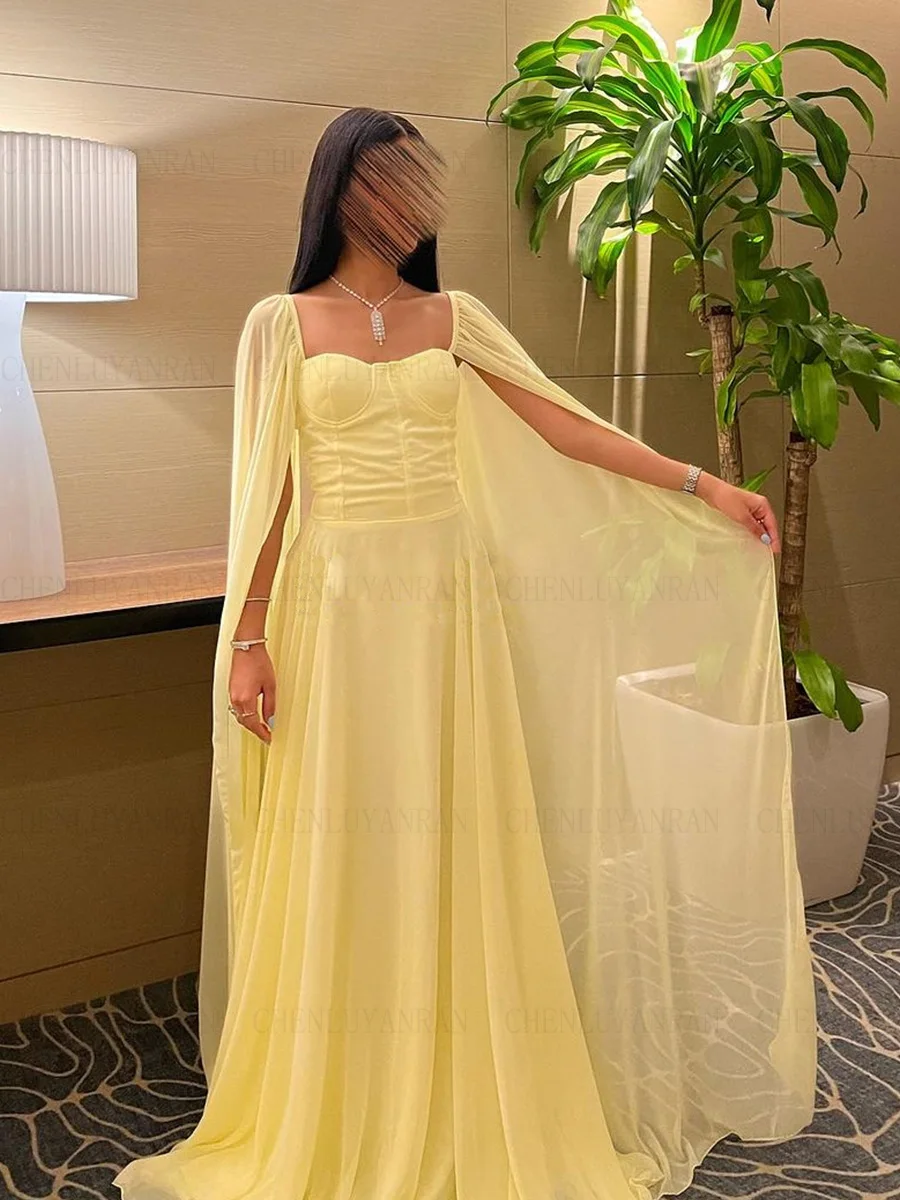 Yellow Chiffon Formal Occasion Dresses 2023 Long Sleeves A-line Ball Gowns Sweetheart Simple Evening Party Gowns فساتين الحفلات