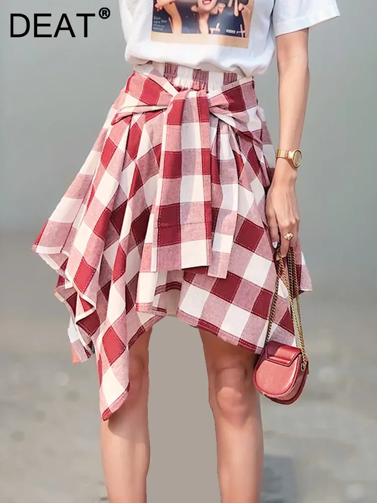 DEAT Fashion New Women\'s Irregular Plaid Bandage Design Mini Skirts 2024 Summer Trendy High Waist A-line Skirt Female 33A1565