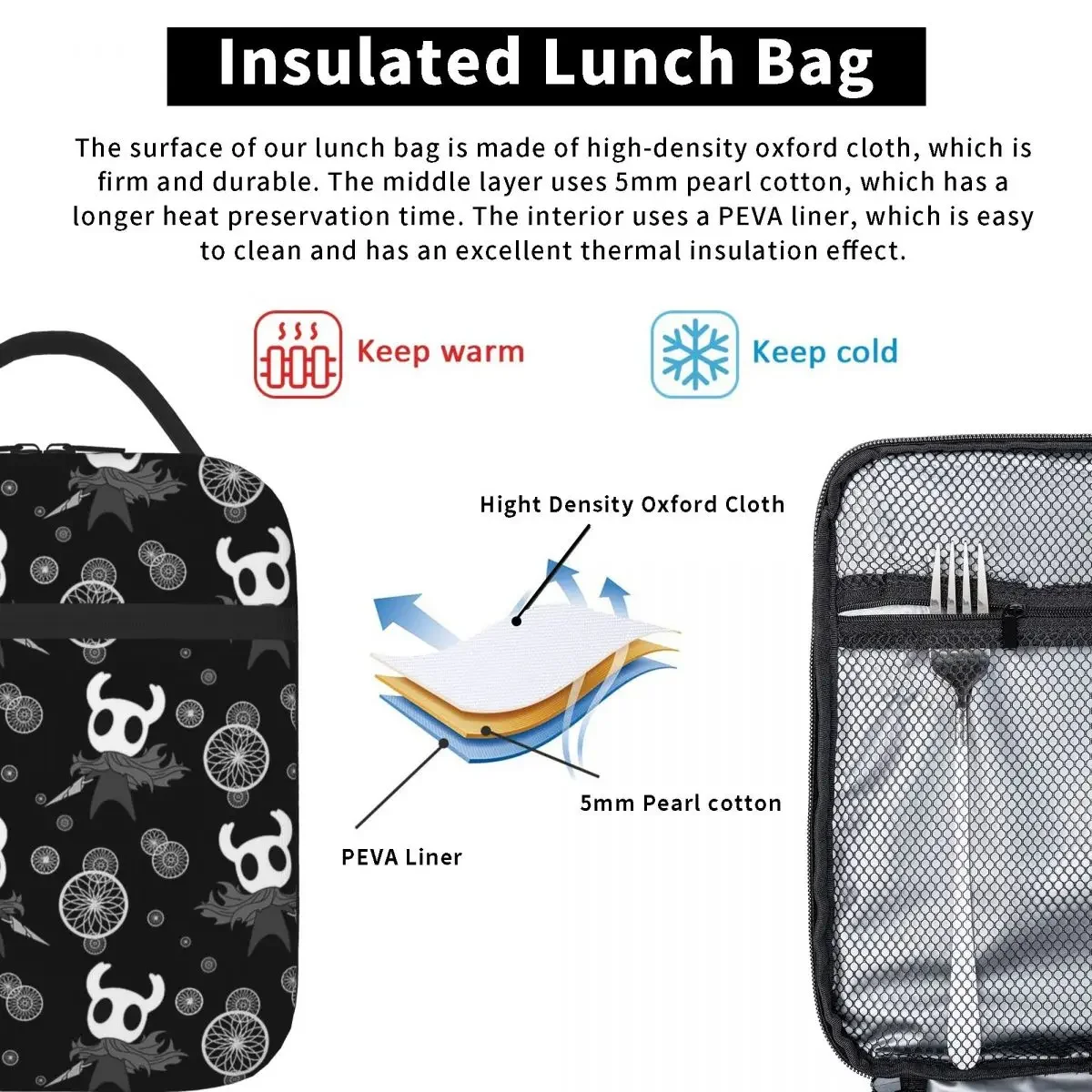 Hollow Knight Insulated Lunch Bags Thermal Bag Reusable High Capacity Lunch Box Tote Bento Pouch College Outdoor