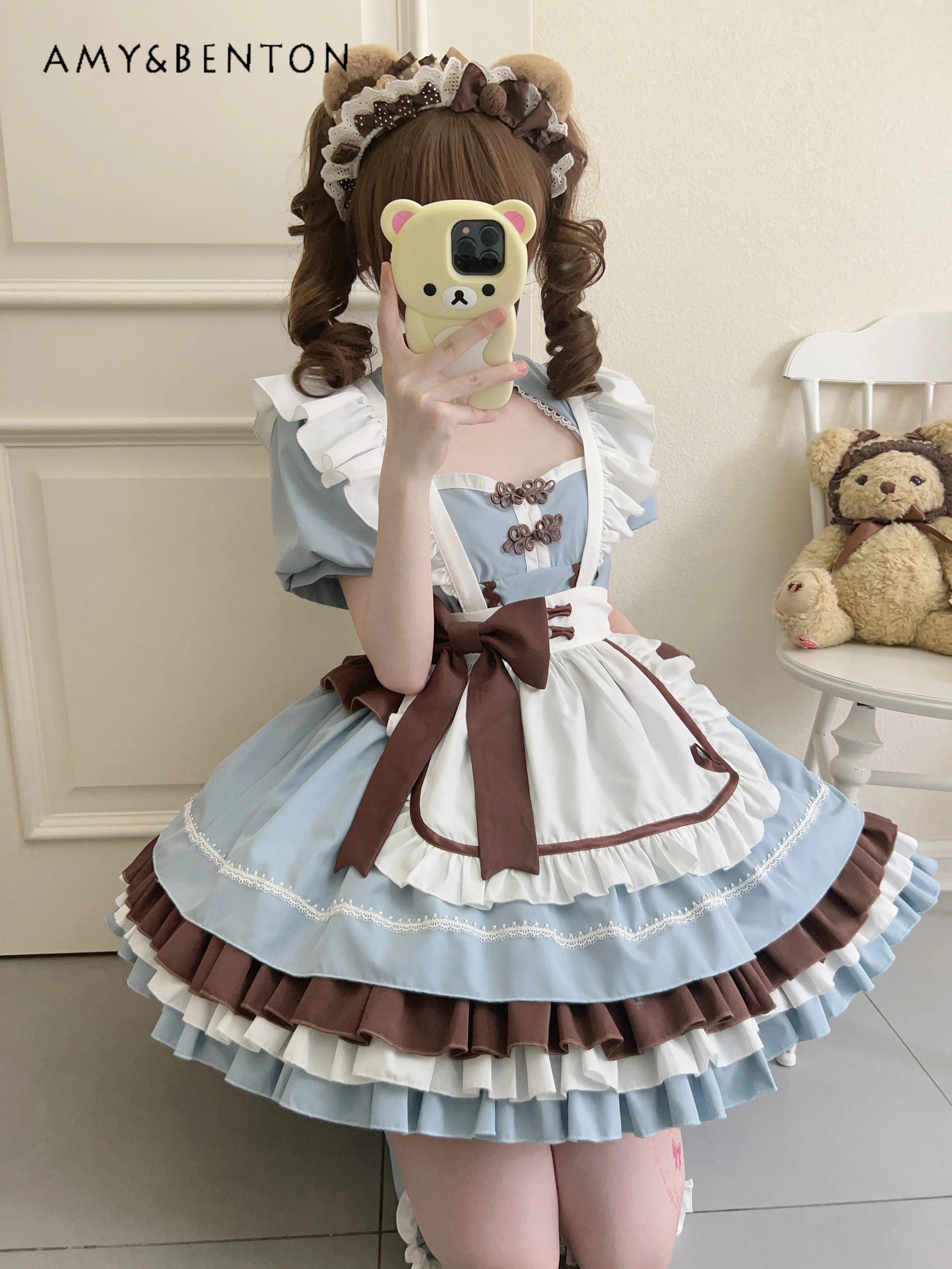 

Chinese Style Sweet Lolita Maid Dress Cute Bow Ruffle Edge Patchwork Short Sleeve Slim Tutu Dresses Kawaii OP Dress for Women