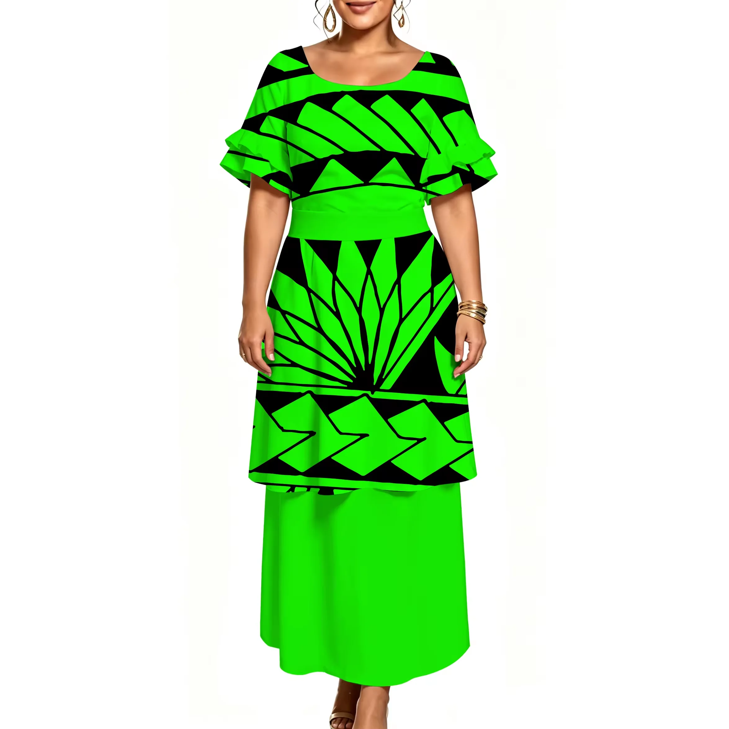 Women Puletasi 2 Piece Maxi Dress Ruffle Short Sleeve Square Neck Bright Green Black Polynesian Tribal Print Island Formal Suit