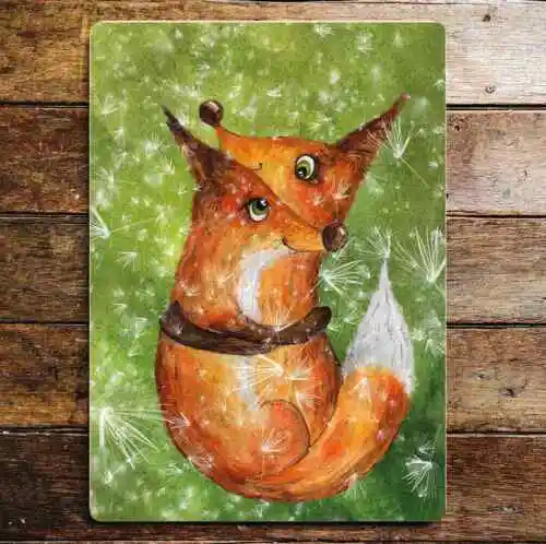 Cute Cuddling Foxes Green Eyes Animals Metal Sign Plaque