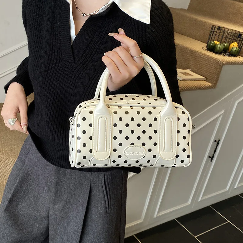 

Women's White Black Polka Dot Patent Leather Mini Boston Bag Handheld Casual Daily Small Shoulder Bag 2026 Handbags and Purses