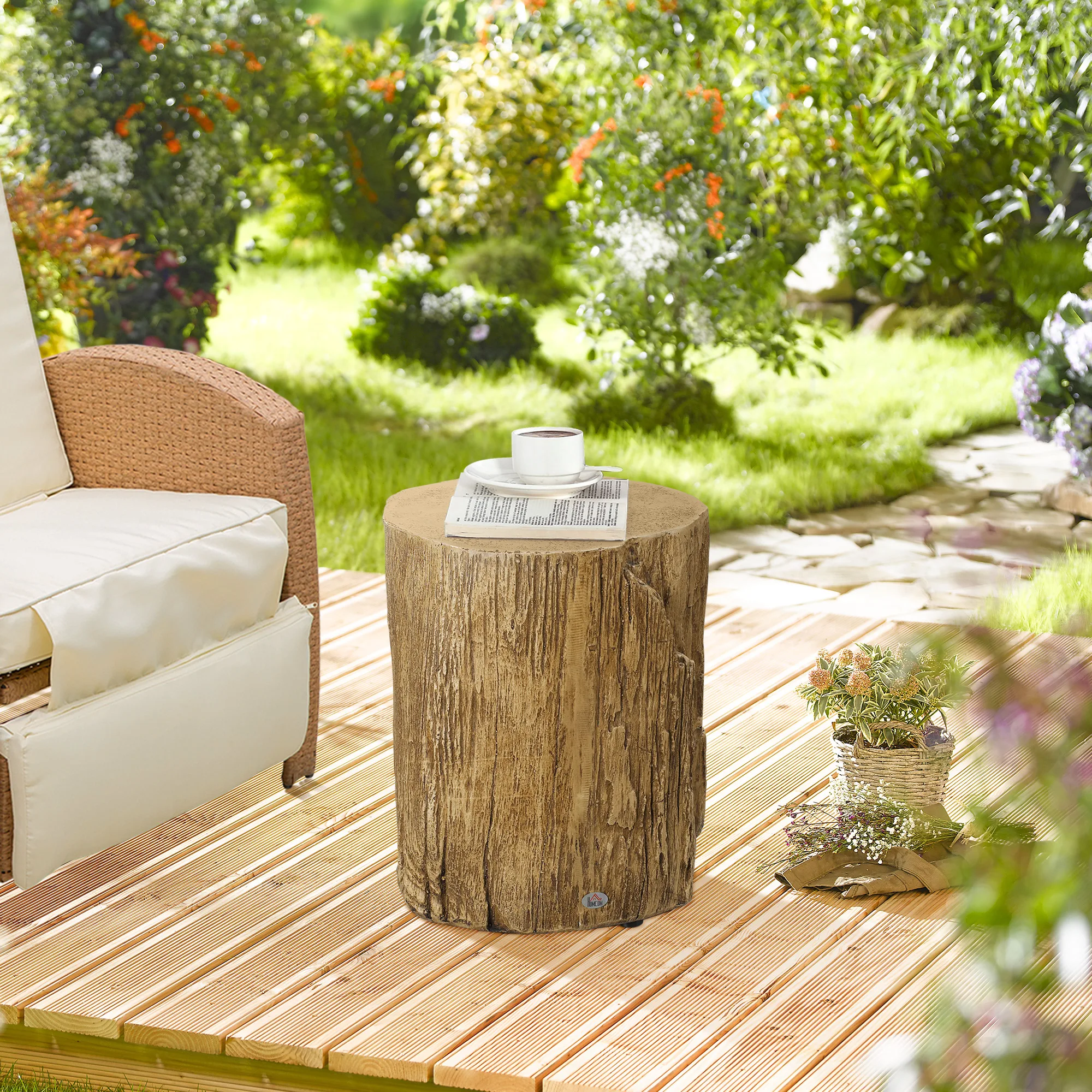 HOMCOM Tree Stump Stool, Decorative Side Table with Round Tabletop, Concrete End Table with Wood Grain Finish for Indoors and Outdoors, Natural