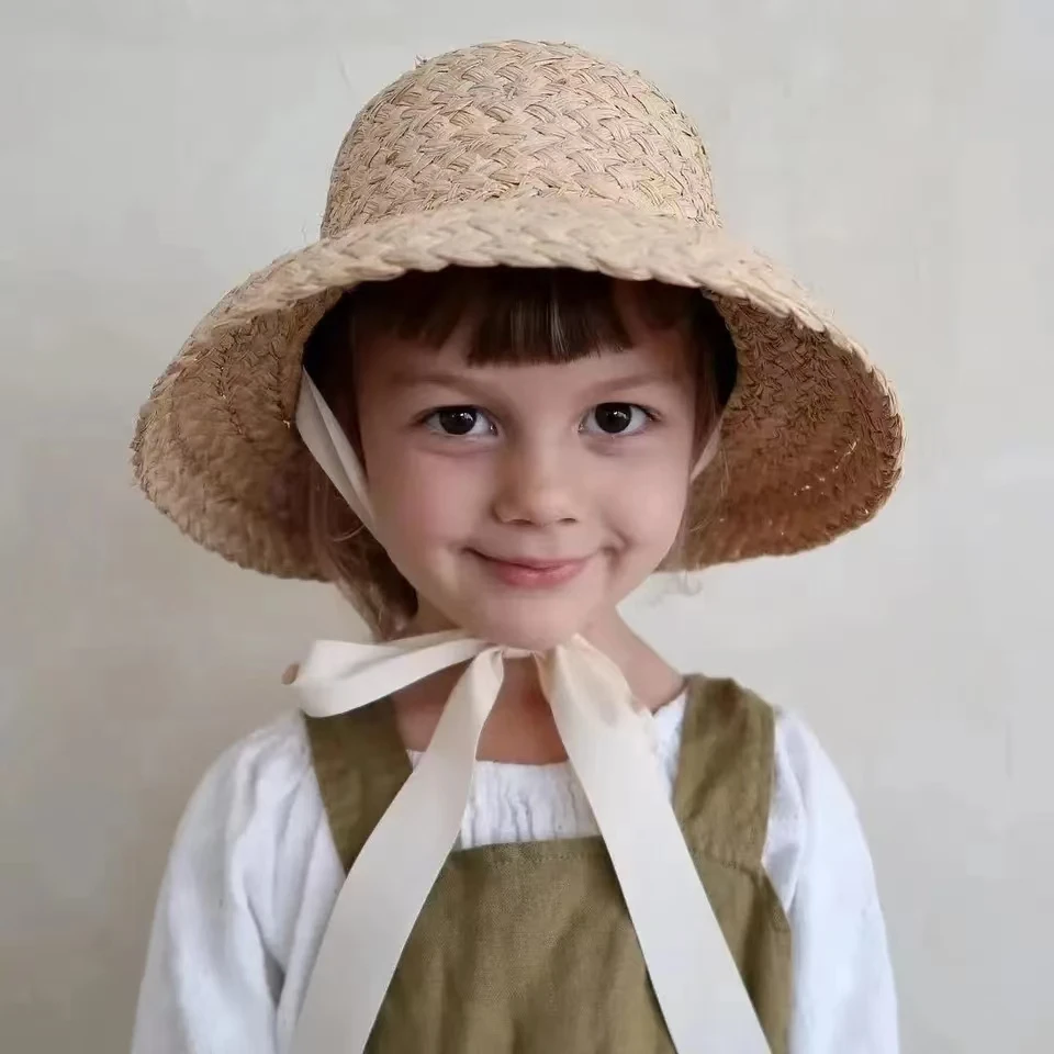 Sombrero de rafia tejido a mano para niño y niña, gorro de paja con cordones, estilo Retro, ideal para viaje, vacaciones, verano