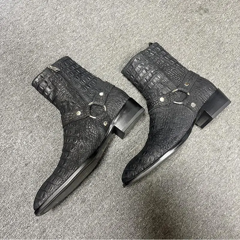 Genuine Leather Western Cowboy Boots Men Embossed Harness Buckle Side Zipper Pointed Toe Block Heel Retro Ankle Boots Footwear