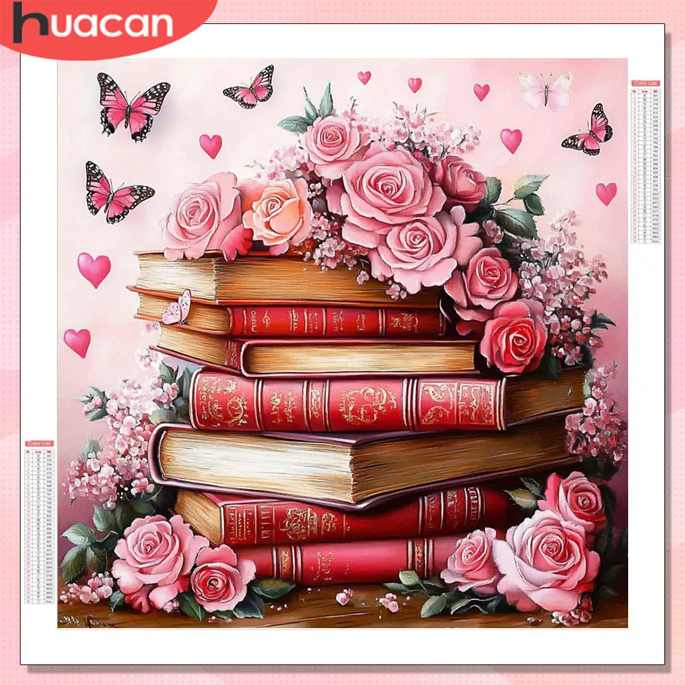 HUACAN Diamond Painting Buch: Landschafts-Mosaik mit quadratischen und runden Harzperlen, 5D Rosen- und Schmetterlings-Motiv, Komplettset für Heimkunst und Basteln