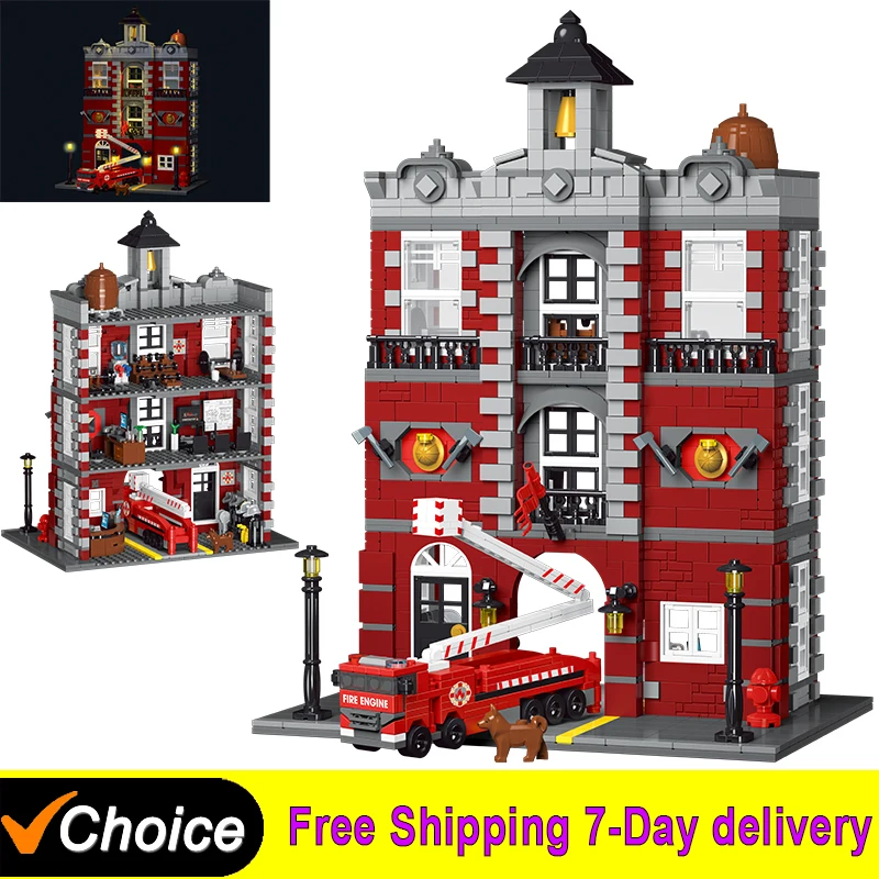 2025 NEW Creative Fire Station Street View LED Light Town Downtown Model Moc Modular Building Blocks Brick Toys Gift Decor 10197