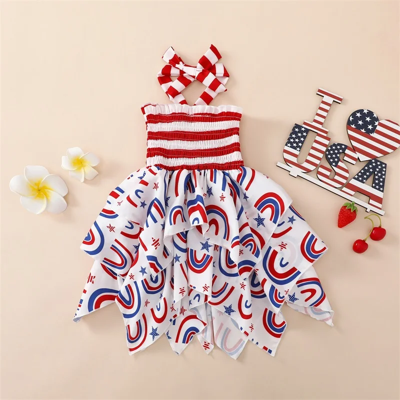 2023-04-11 Lioraitiin 0-5Years Toddler Baby Girl Fourth of July Dress Sleeveless Halter Neck Stripes Print Ruffle Dress