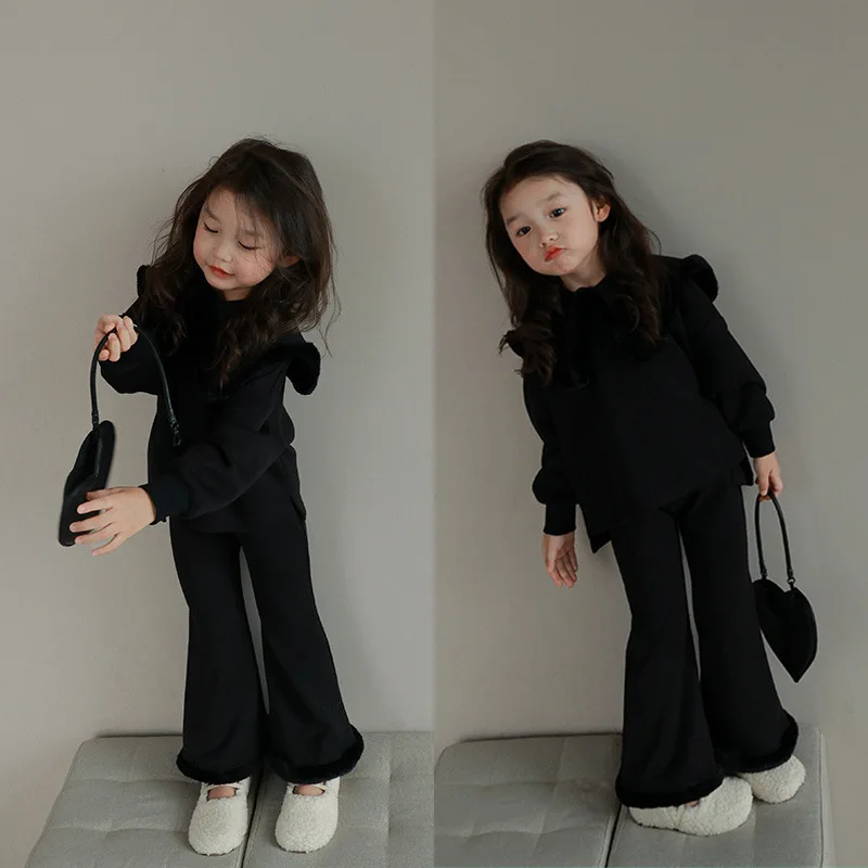 

Girls fleece edge large lapel solid color shirt autumn and winter new children's baby personality flare pants set
